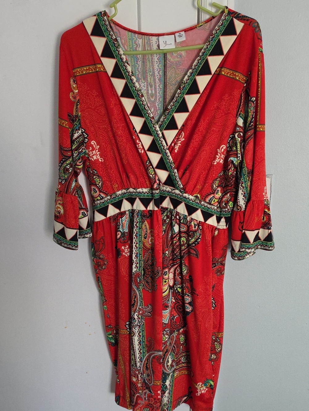 Red Paisley Dress with Geometric Trim